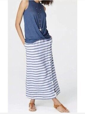 J. Jill Love Linen Seaside Blue & White Stripe Faux Button Front Maxi Skirt PM